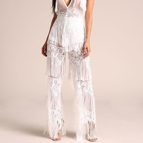 White Tassel Embroidered Tulle Plunge Jumpsuit - Picture 2 of 4